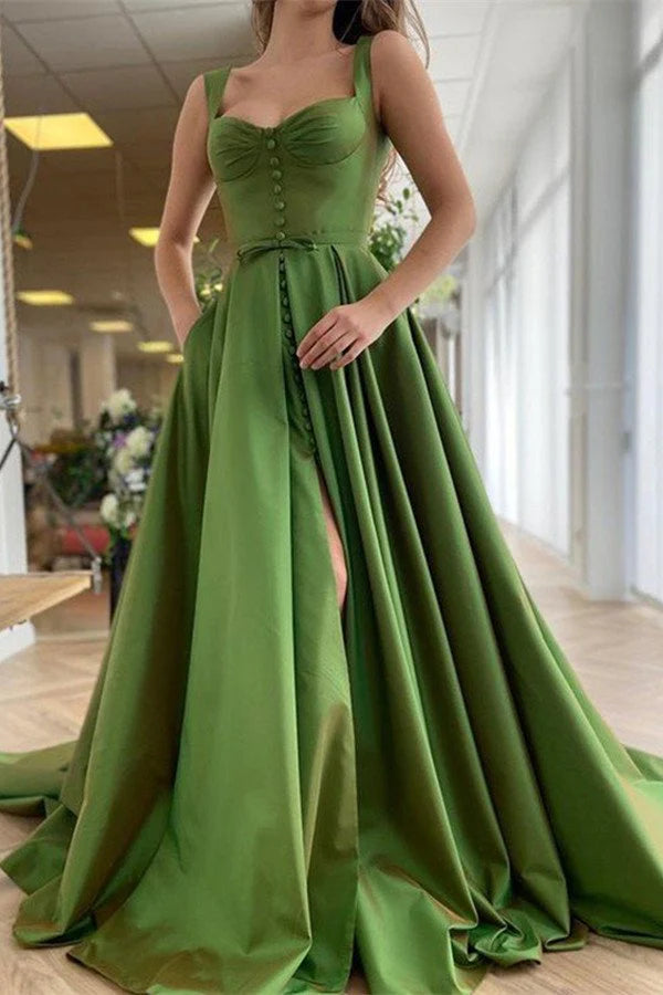 Wholesale A Line Green Straps Floor Length Prom Dress With Pockets